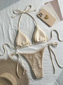 SHEIN Swim 两件式泳衣，纯色亮片纹理挂脖文胸上衣和侧系带泳裤性感比基尼套装，春夏海滩度假亮片泳衣两件套亮片比基尼度假套装女士比基尼套装Zestiva泳装斑马纹比基尼闪亮比基尼两件式泳衣Zante假日套装亮片泳衣 - 杏色 - 查看 9