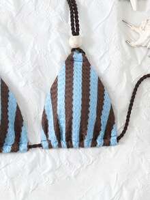 Swim Mod Textured Striped Halter Neck Beaded Bikini Top, Sexy Swimwear For Spring/Summer Vacation - Multicolor - View 3