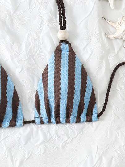 Swim Mod Textured Striped Halter Neck Beaded Bikini Top, Sexy Swimwear For Spring/Summer Vacation