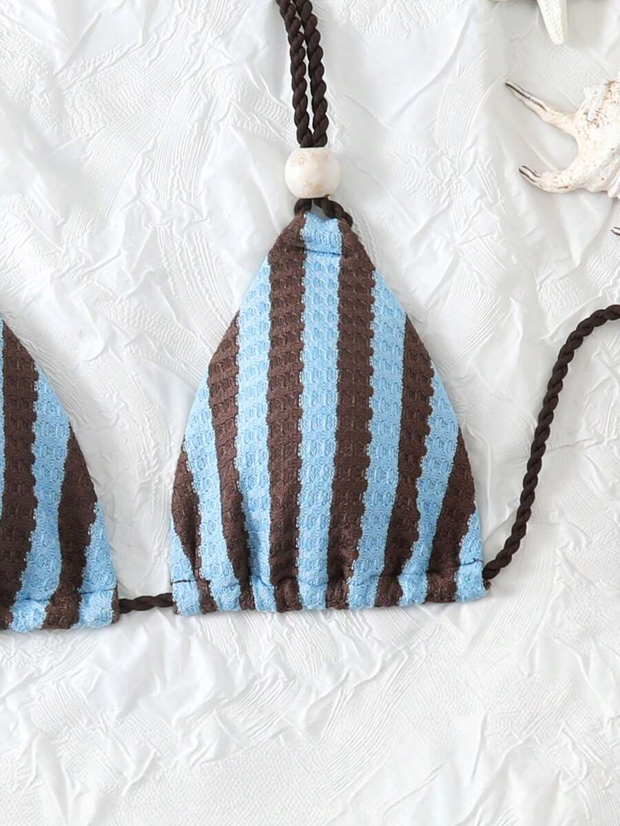 Swim Mod 条纹纹理露背串珠比基尼上衣，春夏度假性感泳装 - 彩色 - 查看 1