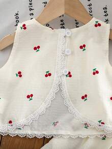 Emery Rose Kids Emery Rose Kids 女婴樱桃印花撞色蕾丝吊带背心和迷你裙套装，夏季 - 白色 - 查看 3