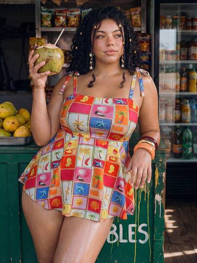 Swim Mod Conjunto de tankini de talla grande con estampado total, incluye vestido de baño y shorts de baño, esencial para vacaciones de verano y viajes a la playa