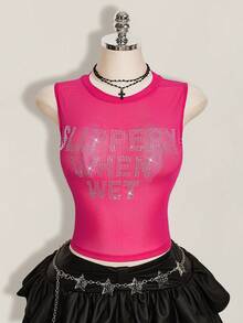 SHEIN ICON 加大码 Y2k 夏季黑色网纱透视性感水钻亮片女士水钻字母网纱露背紧身吊带背心 - 玫紅色 - 查看 1