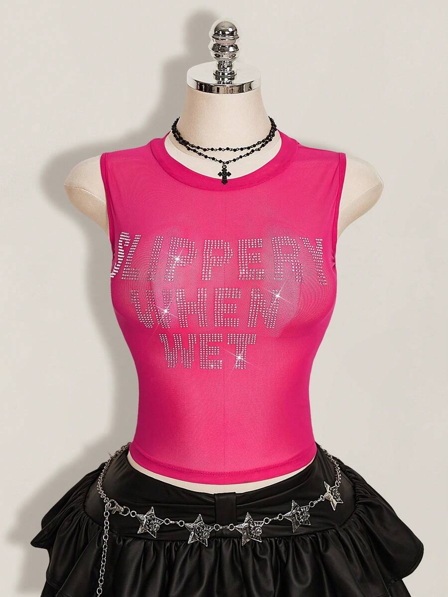 SHEIN ICON 加大码 Y2k 夏季黑色网纱透视性感水钻亮片女士水钻字母网纱露背紧身吊带背心 - 玫紅色 - 查看 1