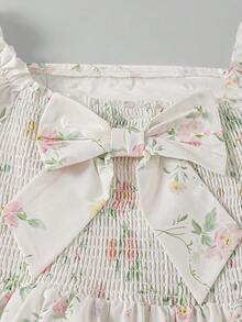SHEIN ChillGRL Đầm ngắn tay phồng họa tiết hoa cho bé gái tuổi teen, chất liệu nhẹ, có nơ trang trí, kiểu dáng hoa văn, thích hợp mặc đi nghỉ mát. - Nhiều màu - Xem 7