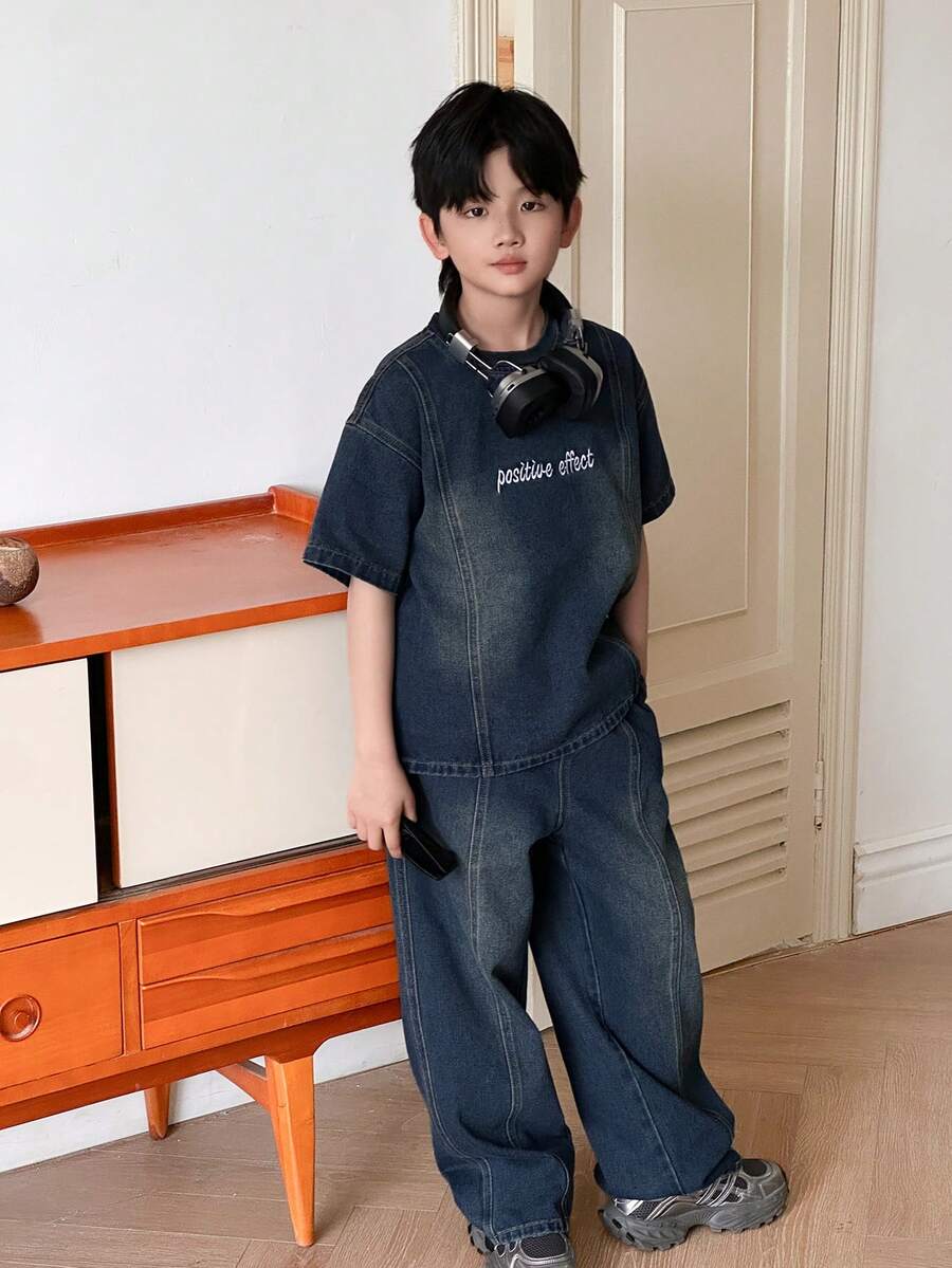 Dazy Kids Tween Boy Summer Casual Washed Letter Embroidery Short Sleeve Denim T-Shirt And Pants Set - Blue - View 1