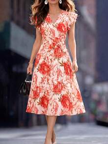 Vestido de verano de mujer con estampado floral elegante, cuello cruzado y volantes en el bajo - Multicolor 4 - Ver 8