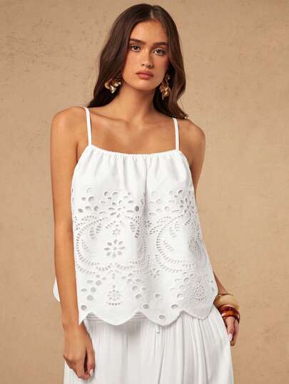Silquee This White, Loose-Fitting, Openwork Embroidered Tank Top Is Perfect For Summer, Ideal For Beach Vacations And Commuting. It's A Comfortable, Casual A-Line Tank Top, Suitable For Everyday Wear And Versatile.