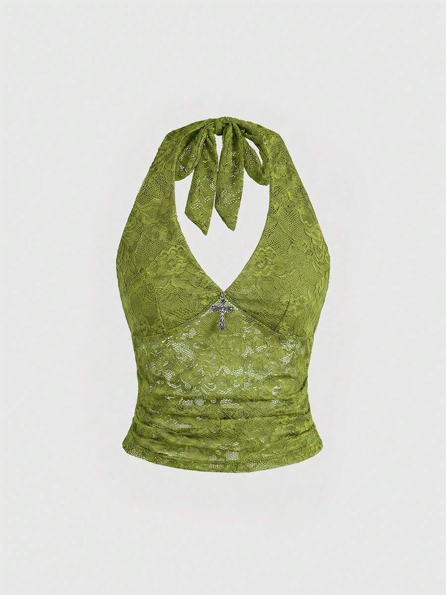 ROMWE Goth Camiseta de encaje con decoración de cruz gótica para mujeres - Verde - Ver 1