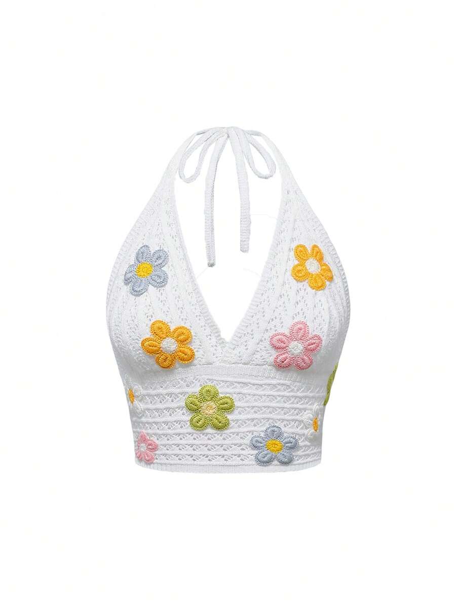 Blusa con decoración de cuello de flores de ganchillo, estilo vacacional - Blanco - Ver 1