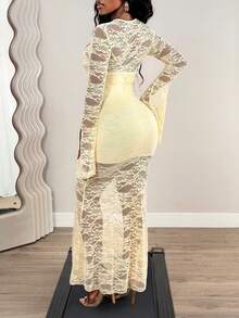 SHEIN BamGlam Women's Lace Deep V Sheer Dress - Apricot - View 2