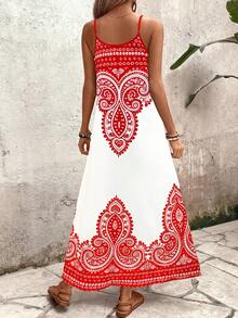 Zayélia Gaun Kasual Wanita Merah Putih Motif Bunga Bohemian, Leher V Dalam, Tanpa Punggung, Potongan A-Line Longgar, Gaya Boho Musim Panas, Liburan, Elegan, Retro Prancis, Romantis - Red and White - View 2