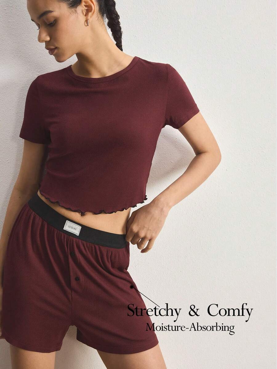Ocili Top de mujer de cuello redondo raglan minimalista, cómodo y suave para estar en casa - Burdeos - Ver 1