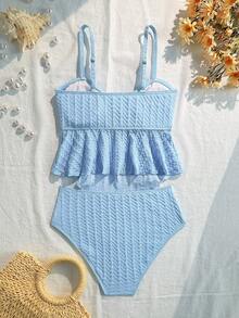 Conjunto de bikini con estampado floral para adolescentes, traje de baño con tirantes de espagueti, primavera/verano - Azul - Ver 2
