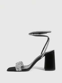 CUCCOO SZL French Women's Sequin & Rhinestone Embellished Chunky Heel Sandals, Black Ankle Strap Dressy Shoes For Party, Runway,Summer Shoes - Black - View 4