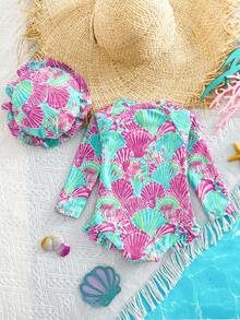 SHEIN Newborn Baby Beach Vacation Style Bow Striped Print Half Zip Front Ruffle Hem One-Piece Swimsuit With Swim Cap - Blue - View 6