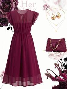 Ellevyn Elegantes Damen Vintage Minimalistisches einfarbiges Chiffon-Kleid mit Twist-Kragen, Kappe, flatternden Ärmeln, taillierter Taille und Midi-Länge, tiefes Lila, Sommer-Teeparty-Outfit - Heißes Pink - Übersicht 5