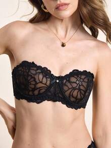 Hourtrue Conjunto de lencería sexy con sujetador con aros y calzones de encaje y parches para mujer - Negro - Ver 8