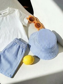 SHEIN Bộ 3 món cho bé trai/bé gái, gồm áo thun ngắn tay kẻ sọc chanh dễ thương, quần short và mũ, thích hợp cho mùa xuân/hè. - Nhiều màu - Xem 7