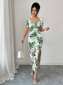 Vestido floral de cuello cuadrado, mangas de pétalo, cintura ceñida y ajustado para mujer, primavera/verano - Verde - Ver 3