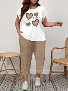 EMERY ROSE Bộ đồ 2 mảnh mùa hè cỡ lớn, in hình trái tim, cổ tròn, tay cánh dơi, gồm áo và quần. - Màu Khaki - Xem 6