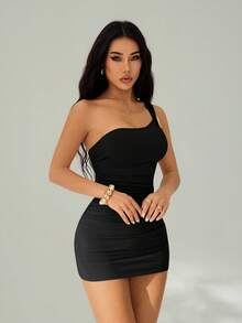 SHEIN PETITE Đầm lệch vai, cổ xếp ly, dáng đuôi cá, đính trâm cài màu vàng, thích hợp cho đám cưới mùa thu hoặc dự tiệc. - màu đen - Xem 5