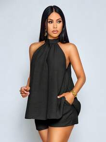 SOLERSUN Conjunto de duas peças feminino, sexy e elegante, para praia e resort, composto por um top halter verde menta com barra irregular e shorts combinando. Perfeito para encontros e festas. Moda feminina primavera/verão, estilo clássico. - Preto - Ver 7