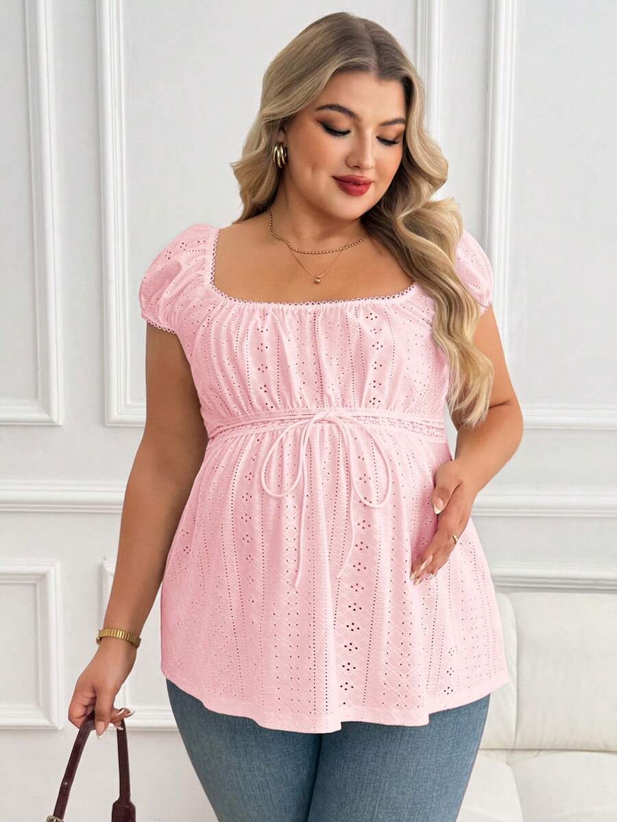 SHEIN 孕妇加大码方领花瓣袖系带荷叶边夏季上衣 - 粉色 - 查看 1