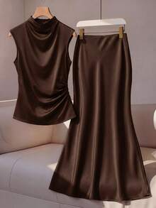 Ellevyn Sleeveless Top And Mermaid Skirt Set, Suitable For Elegant Commuting Wear - Mocha Brown - View 1