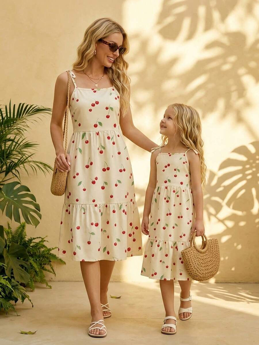 Young Girl Cherry Print Ruffle Hem Camisole Dress - White - View 1
