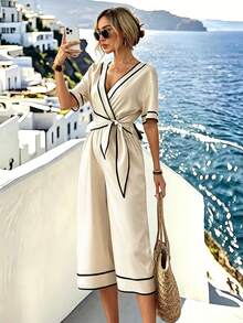SHEIN LUNE Women's Contrast Trim V-Neck Tie-Front Casual Short Sleeve Jumpsuit - Apricot - View 5