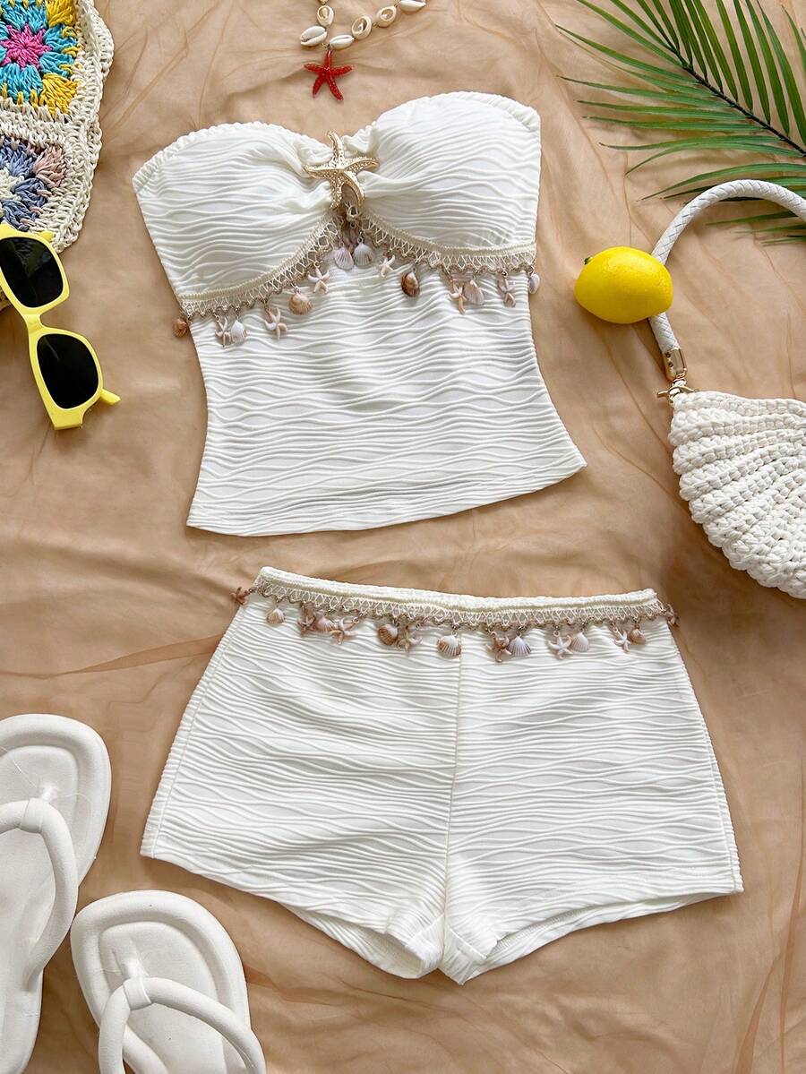 Soleia Conjunto casual de 2 piezas con top bandeau y shorts con decoración de metal para mujer - Blanco - Ver 1
