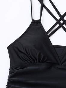 SHEIN Swim 側抽繩交叉露背坦基尼上衣 - 黑色 - 查看 5