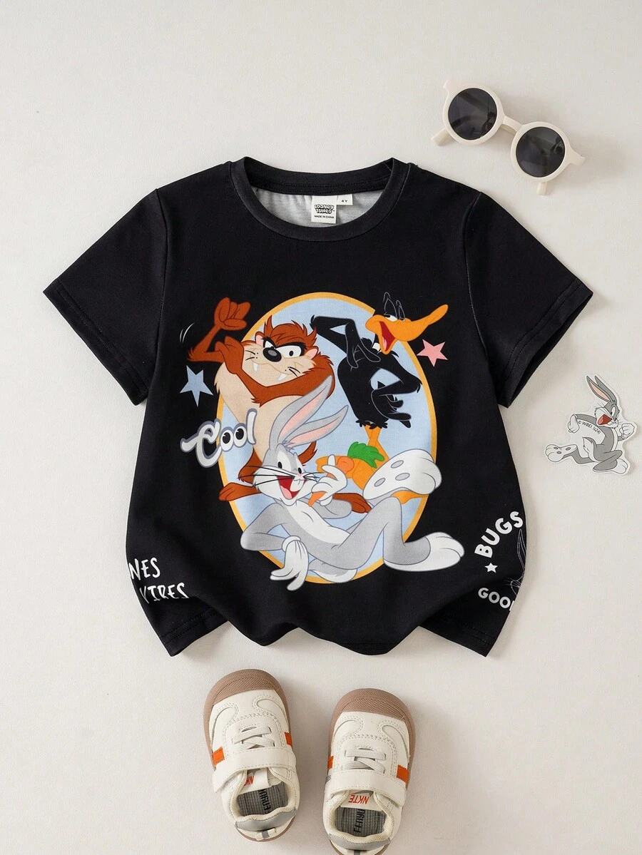 LOONEY TUNES X SHEIN Young Boy Casual Cartoon Pattern Round Neck Short Sleeve T-Shirt, Summer - Black - View 1