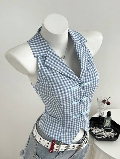 Elamini Blazer azul a cuadros con escote en la espalda, sin mangas, estilo chino con botones delanteros, versátil y casual, adecuado para el trabajo y el transporte