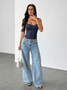 SHEIN PETITE 女士约会之夜女友聚会生日派对夜店假日派对优雅黑色波点上衣，女友聚会，约会，日常通勤束身衣，可爱束身衣，性感上衣俱乐部，束身衣上装 - 藏蓝色 - 查看 9