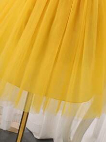 SHEIN Glamorique Kids 少女黃色無袖珍珠蝴蝶結網紗疊層洋裝，適合晚宴、生日、生日派對、表演、夏季婚禮，可愛風格 - 黃色 - 查看 5