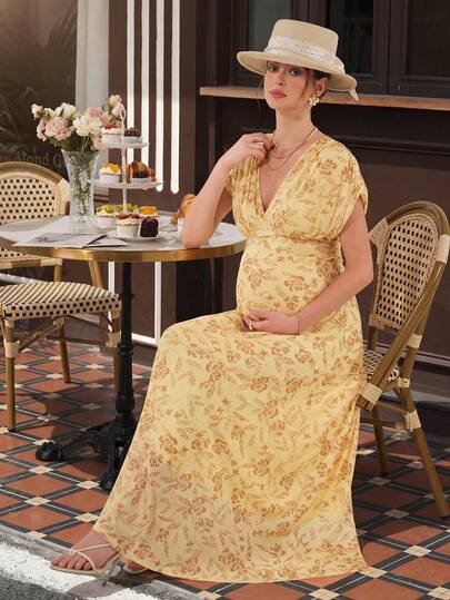 Momance 优雅法式花卉印花宽松V领落肩褶皱A字蕾丝孕妇连衣裙