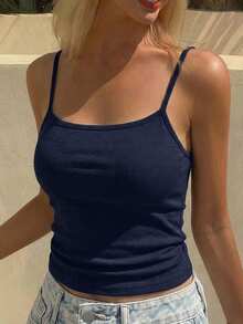 DAZY Camiseta de tirantes corta y ajustada con cuello cuadrado para mujer, top informal de capa para uso diario - Azul Marino - Ver 3