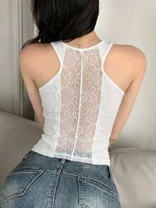 DAZY Solid Color Built-In Padded Lace Patchwork Backless Camisole For Women Summer - White - View 12