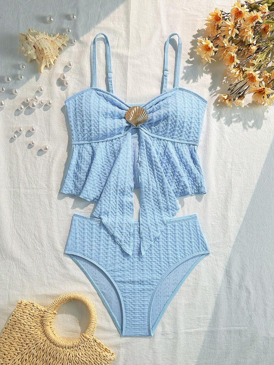 Conjunto de bikini con estampado floral para adolescentes, traje de baño con tirantes de espagueti, primavera/verano - Azul - Ver 1