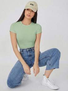 SHEIN BASICS 女士休闲通勤简约纯色短袖修身连体衣，夏季 - 綠色 - 查看 6