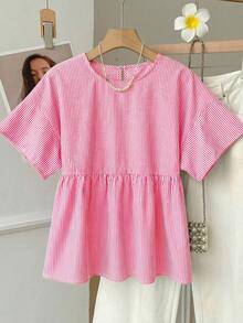 SHEIN EZwear Áo sơ mi nữ tay ngắn cổ tròn kẻ sọc đỏ trắng, kiểu dáng thường ngày, thích hợp cho mùa hè. - Đỏ và trắng - Xem 10