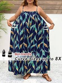 SHEIN CURVE+ 大码女式蓝色碎花吊带方领长裙，沙滩度假连衣裙，波西米亚风沙滩假日装扮/沙滩长裙/沙滩度假装扮/沙滩必备/毕业典礼/下午茶派对连衣裙 - 綠色 - 查看 1