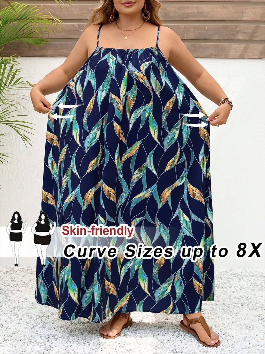 SHEIN CURVE+ 大码女式蓝色碎花吊带方领长裙,沙滩度假连衣裙,波西米亚风沙滩假日装扮/沙滩长裙/沙滩度假装扮/沙滩必备/毕业典礼/下午茶派对连衣裙 - 綠色 - 查看 1