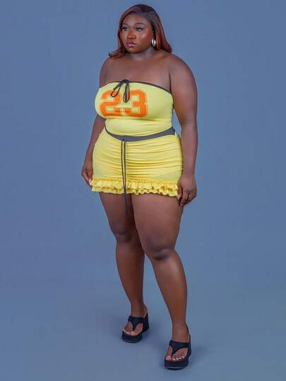CurvyTilda 2 件 2025 春夏新款街头服饰和性感风格，黄色对比黑色饰边，23 号图案，修身紧身胸衣，带装饰抽绳和多层荷叶边下摆迷你裙，大码女士 2 件套