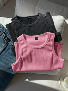 Comfortcana 2pcs Black And White Solid Color Sleeveless Washed Comfortable Ribbed Knit Tank Top, Plus Size, Spring/Summer Formal Holiday Casual - Multicolor - View 4