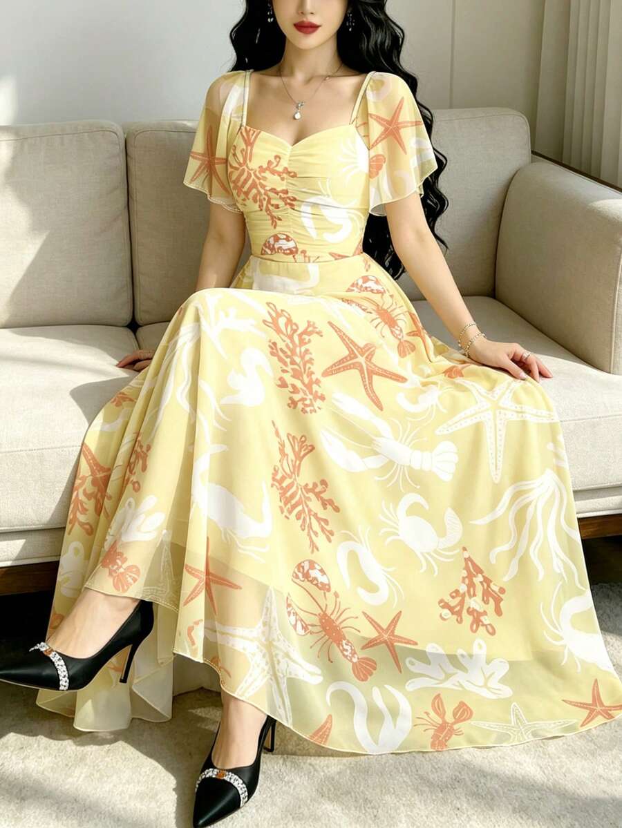 Modelyn 海星、龙虾、珊瑚波点印花女士长款连衣裙，时尚方领荷叶袖设计，夏季收腰优雅长款连衣裙，海洋生物图案浅杏色雪纺连衣裙，适合夏季度假和日常穿着。 - 彩色 - 查看 1