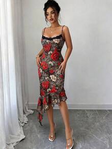 Xyvia Elegant Sexy Women's Spaghetti Strap Lace Patchwork Leopard Print Dress - Brown - View 8