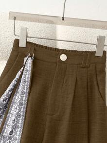 GlowEve Brown High-Waisted Wide Leg Pants For Women,Elegant Summer Office Style,Elastic Ruched Pockets With Printed Ribbon,Versatile Casual Party Trousers - Coffee Brown - View 4